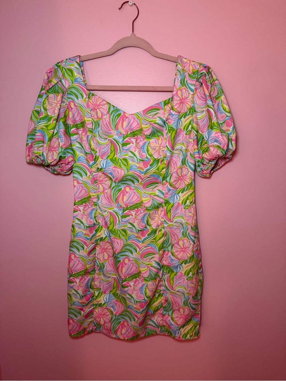 SHEIN Pink and Green Floral Puff-Sleeve Mini Dress